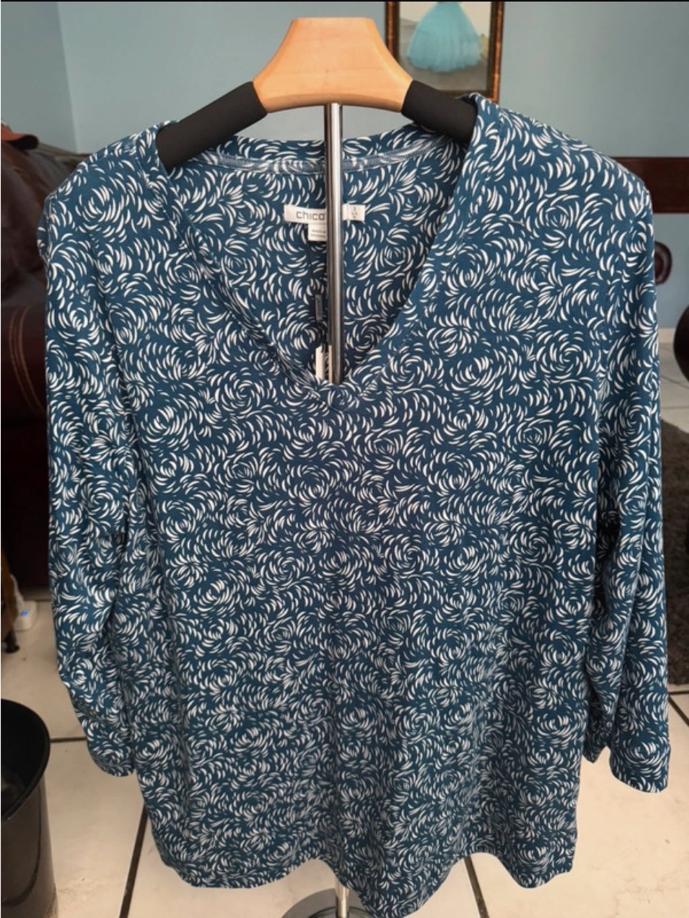 Chico's Teal & White Swirl-Print Split-Neck Blouse